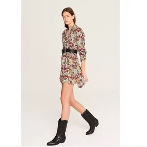 Ba&sh Poldie Floral Metallic Long Sleeve Mini Dress Multi Color Size XS